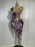Luxury Diamonds Birthday Evening Party Bar Nightclub Stage Costume Sexy Purple One Shoulder Mesh See Through Bodycon Mini Dress