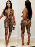 Sexy Backless Playsuit Woman Summer Trend Serpentine Print Halter Low-Neck Skinny Stretch Midnight Club Party Rompers