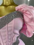 Pink Color Women Sexy Off the Shoulder Puff Sleeve Shining Rhinestones Bodycon Long Bandage Dress Evening Party Cocktail Wear