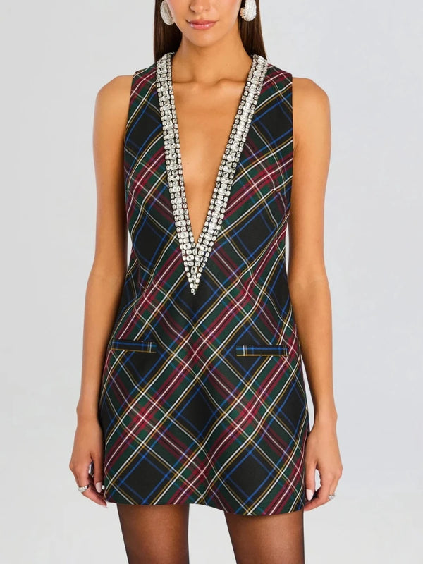 Colorblock Check Short Dresses for Women Deep V Neck Sleevelsss Patchwork Diamonds American Vintage Dress Female