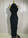 Women Black Red Beaded Flower Mesh Patchwork Long Bandage Dress Celebirty Elegant Prom Evening Club Party Birthday Dresses