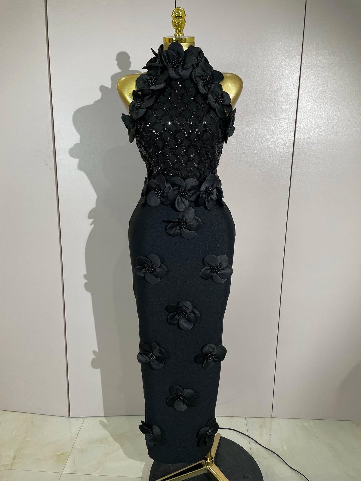 Women Black Red Beaded Flower Mesh Patchwork Long Bandage Dress Celebirty Elegant Prom Evening Club Party Birthday Dresses