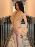 Patchwork Plush Bodysuit Women Deep v-Neck Full Sleeve Skinny High Elasticity Sexy Hottie Midnight Autumn Streetwear
