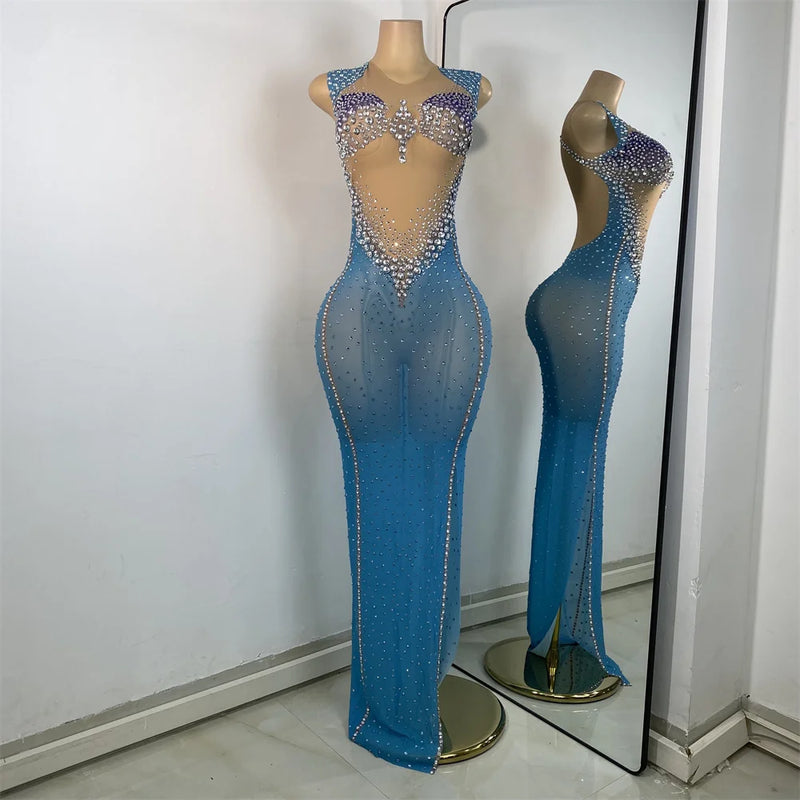 Luxury Transparent Long Dress Women Sexy Sleeveless Mesh Rhinestones Evening Prom Gown Birthday Elegant Holiday Dresses Vestido