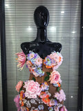 3D Florals Women Sexy Strapless Mesh High Stretch Kaced-up Bodycon Midi Dress Bar Singer TV Performance Costumes Stage Wear