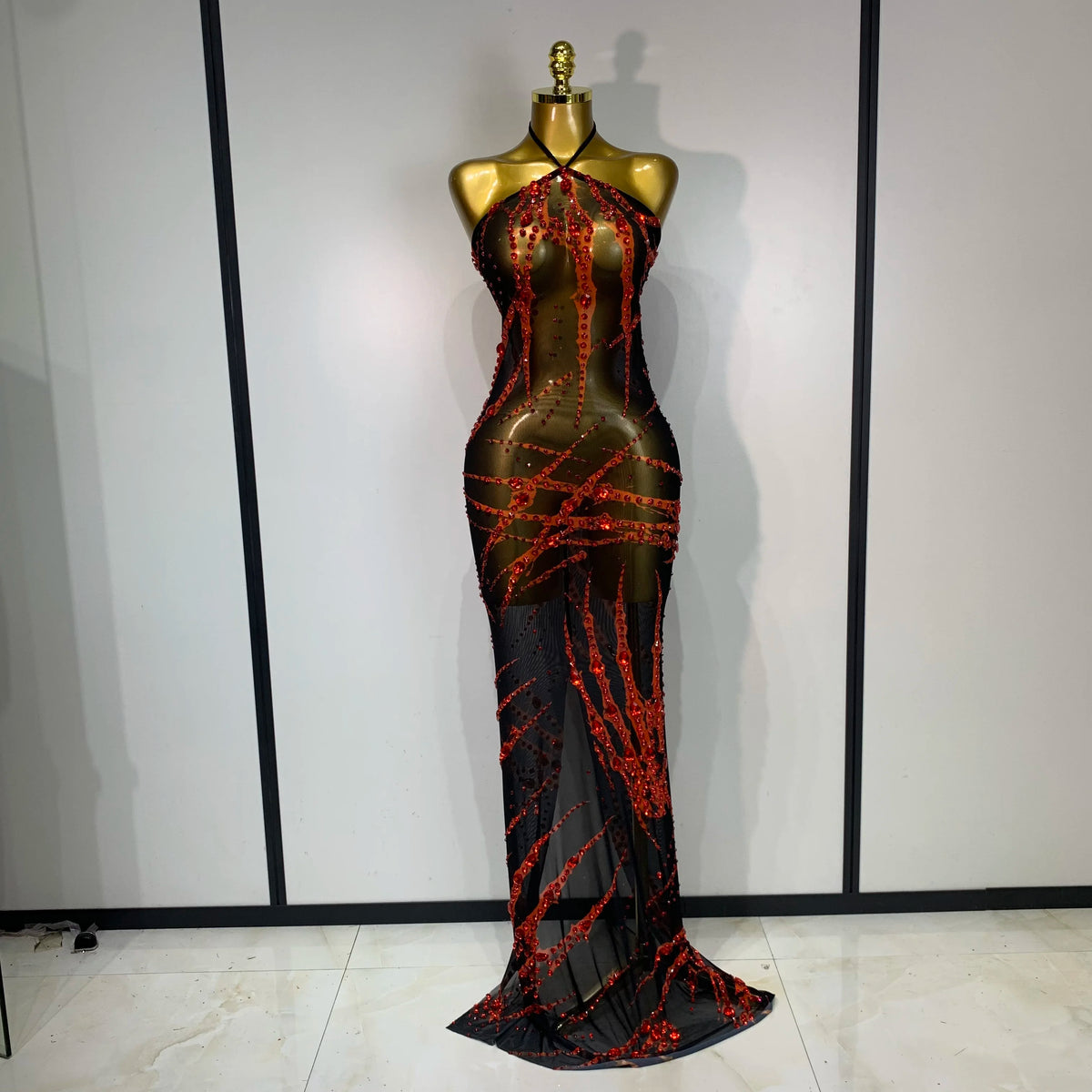 Women Mesh See Through Sparkly Rhinestone Sexy Backless Maxi Long Dress Evening Party Luxury Birthday Dress Shiny Stage Costume