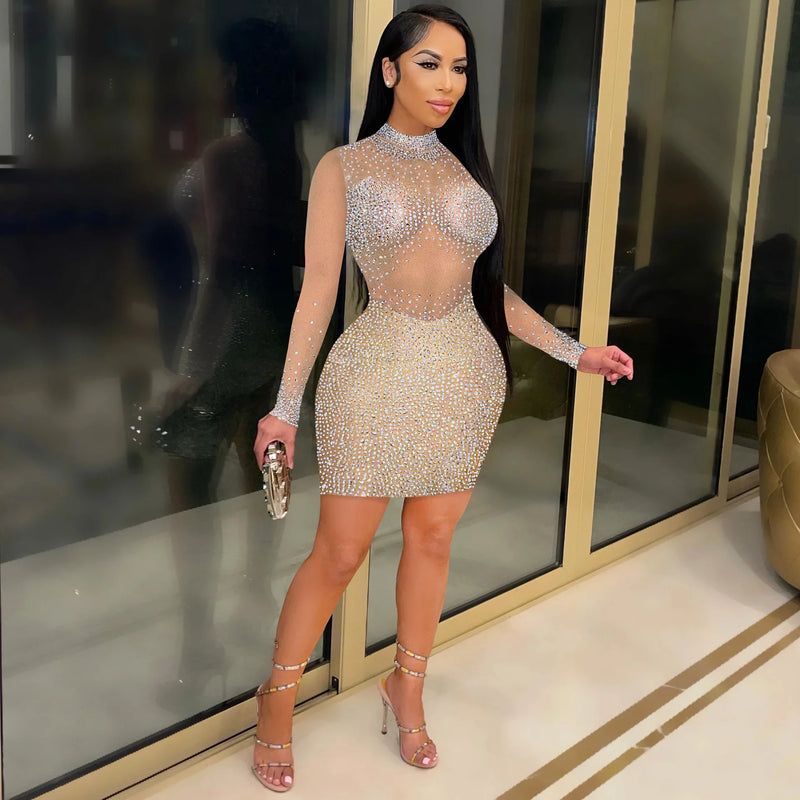 Crystal Diamonds Mesh Sheer Long Sleeve Bodycon Short Dress for Women Outfits Sexy Party Night Club Birthday Mini Dresses