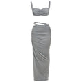 Bandage Ruched 2 Piece Set Women Square Collar Bra+Skinny Long Skirts 2025 Summer Vacation Beach Party Trend Suits