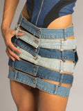 Slimming Sexy Irregualar Skirt For Women High Waist Holloe Out Patchwork Buttons Temperament Denim Skirts Female