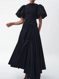 Solid Spliced Drawstring Folds Designer Maxi Dress for Women O Neck Puff Sleeve High Waist Elegant Party Dresses Female New