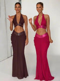 Women Metallic Trim 2 Piece Set Halter Deep V Cutout Crop Top High Waist Ruched Draped Mermaid Skirt Suit Lady Evening Outfit