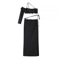 Solid Two Piece Set  for Women Halter Sleeveless Top High Waist Temperament Long Skirt Sets Female
