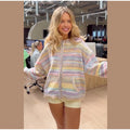 Women Rainbow Stripe Hooded Knit Cardigan Zip Front Drop Shoulder Side Pocket Loose Jacket Multicolor Textured Casual Daily Wear