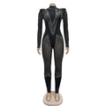 Sparkly Rhinestone Perform Costume Long Sleeve Sheer Mesh Jumpsuit Singer Party Show Outfit Club Patchwork Skinny Jumpsuits
