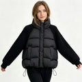 Women Cropped Puffer Jacket Stand Collar Cable Knit Sleeves Patchwork Zip Up Lightweight 2026 Lady Quilted Winter Warm Outerwear