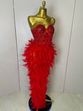 Women Sexy Elegant Evening Party Luxury Birthday Photo Shoot Performance Costume Sparkly Rhinestone Feather Mesh Long Dress