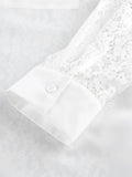 Office Spliced Back Sheer Hollow Blouse for Women Lapel Long Sleeve Patchwork Single Breasted Shirt Female 2026 New