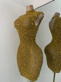 Gold Party Evening Short Dress Sparkly Diamonds Luxury Elegant Mesh See Throught Cocktail Birthday Clothing Night Club Show Wear