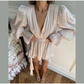 Elegant 3D Flower Cascading Ruffles Short Dress Women Loose Solid Lace Up Full Flare Sleeve Dresses Summer Lady Chic Robes