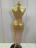 2026 Women Birthday Party Gown Stage Singer Performance Costume Luxury Sparkly Gold Rhinestone Sexy Transparent Mesh Long Dress