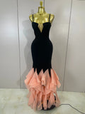 Women Black Bodycon Mermaid Bandage Long Dresses With Pink Ruffles Sexy V Neck Birthday Party Prom Gown Celebrities Eveing Dress