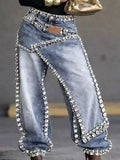 Women Jeans Wide Leg Layered Patchwork Washed Rhinestone Decor Asymmetric Streetwear Fashion Summer