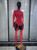 Red Black Women Long Sleeve Sexy Mesh See Through Sparkly Crystal Bodycon Jumpsuit Celebrate Nightclub Bar Dance Stage Wear