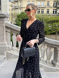 Sexy V-neck Polka Dot Long Dress Women Middle Sleeve Waist-cinching Slit Maxi Dresses Female Summer Chic Evening Party Dresses