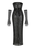 Sexy Strapless Sequin Mesh See Through Long Dress with Gloves Women Perspective Design Slim Dresses Evening Party Gowns