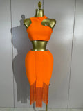Elegant Celebrity Evening Club Party Prom Luxury Birthday Dress Women Sexy Top Short Tassel Skirt Orange Bandage Two Pices Set