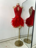 Sexy Halter Beading Feather Mini Dress For Women Backless Luxury Birthday Celebrity Evening Gowns Performance Wear