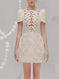 Solid Elegant Patchwork Appliques Dresses for Women Round Neck Short Sleeve High Waist Bodycon Luxury Mini Dress Female New