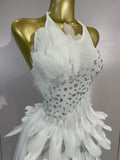 Luxury Rhinestone Sexy Halter Feather White Mini Dress Celebrate Evening Party Birthday Dress Stage Performance Dance Costume