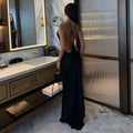 Thin Strap Diamond Back Women Maxi Dress Round Neck Cut Out Irregular Back Buckle Detail Fitted Waist Floor Length Long Dress