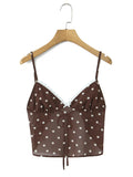 Casual Coffee Polka Dot Two Piece Set for Women Lace Trim Cami Sheer Mesh Ruffled Midi Skirt Set for Vintage Dates