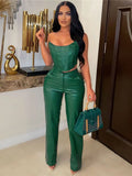 Women's Green Corset Cut-Out Cargo Sexy Sleeveless Jumpsuits PU Leather Matching Set Sexy Clubwear 2 Piece Outfits