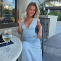Chic Light Blue 2 Piece Outfit Women Deep V Neck Sleeveless Ruched Crop Top Low Waist Flowy Maxi Skirt Suit Party Matching Sets