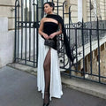 Irregular Slit Vacation Long Dress For Women Elegant Contrast Slim Ribbon Dress Back Lace Up Female Strapless Summer New