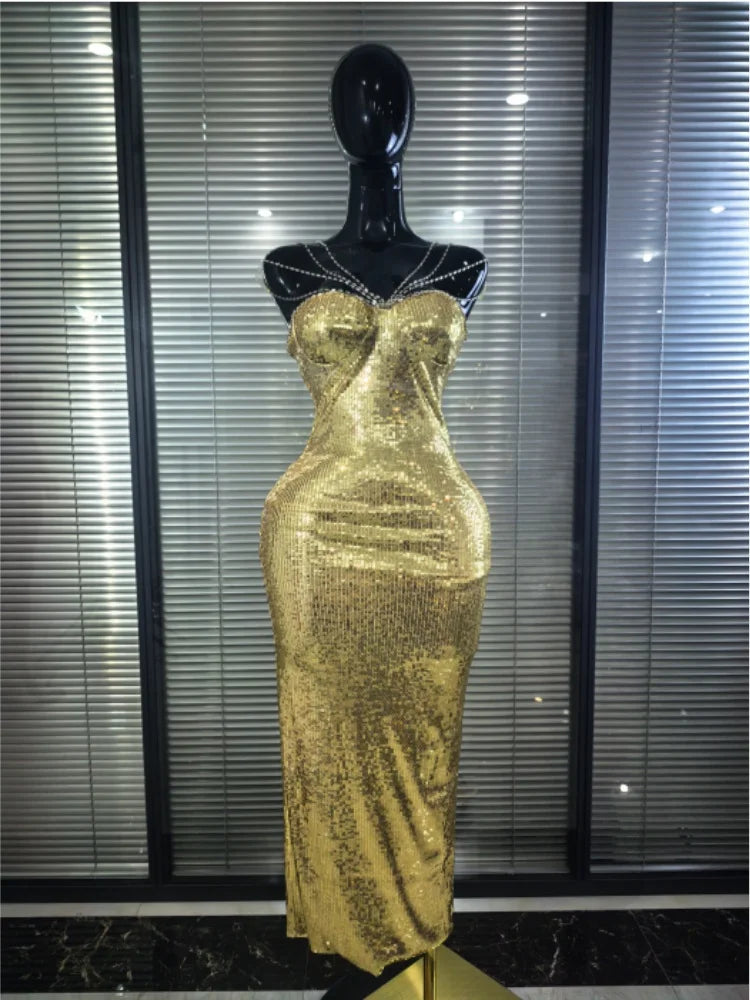 Gold Silver Shining Sequins Women Sexy Strap V-Neck Bodycon Long Dress Celebrity Red Carpet Evening Party Clothing