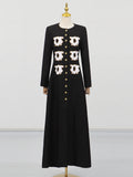 Elegant Spliced White Flower Embroidery Dress for Women O Neck Long Sleeve High Waist Patchwork Button Slim Dresses Female