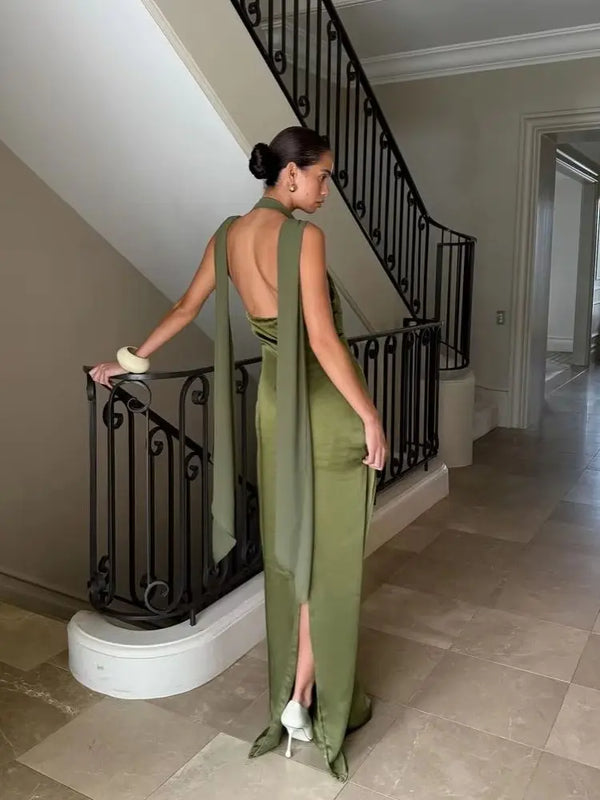 Elegant Women's Green Satin Long Dress Vintage Ribbon Maxi Pleated Dresses Summer Birthday Evening Party Wedding Guest Prom New