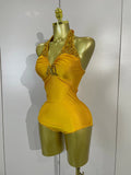 Women Sexy Gold Stretch Bodysuit Sparkly Rhinestone Birthday Party Nightclub Bar Dancer DJ Performance Photoshoot Stage Costume