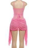 See Through Dress Women Waistless Summer Sexy Sleeveless Ruched Tassel Backless Vacation Midnight Party Club Bodycon