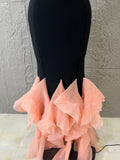 Elegant Bandage Mermaid Dress with Nude Mesh V-Neck and Pink Tulle Ruffle Bottom for Prom Formal Dinner Event Outfit