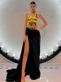 New Fashion Gold Color Laced-up Tops 2 Pieces Bodycon Floor-length Dress Elegant Evening Party Celebrate Dress Vestido