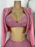 Women's Rhinestones Top Shorts Sets Nightclub Show Three Pieces Outfit Nightclub Performance Singer Dance Costume Stage Wear