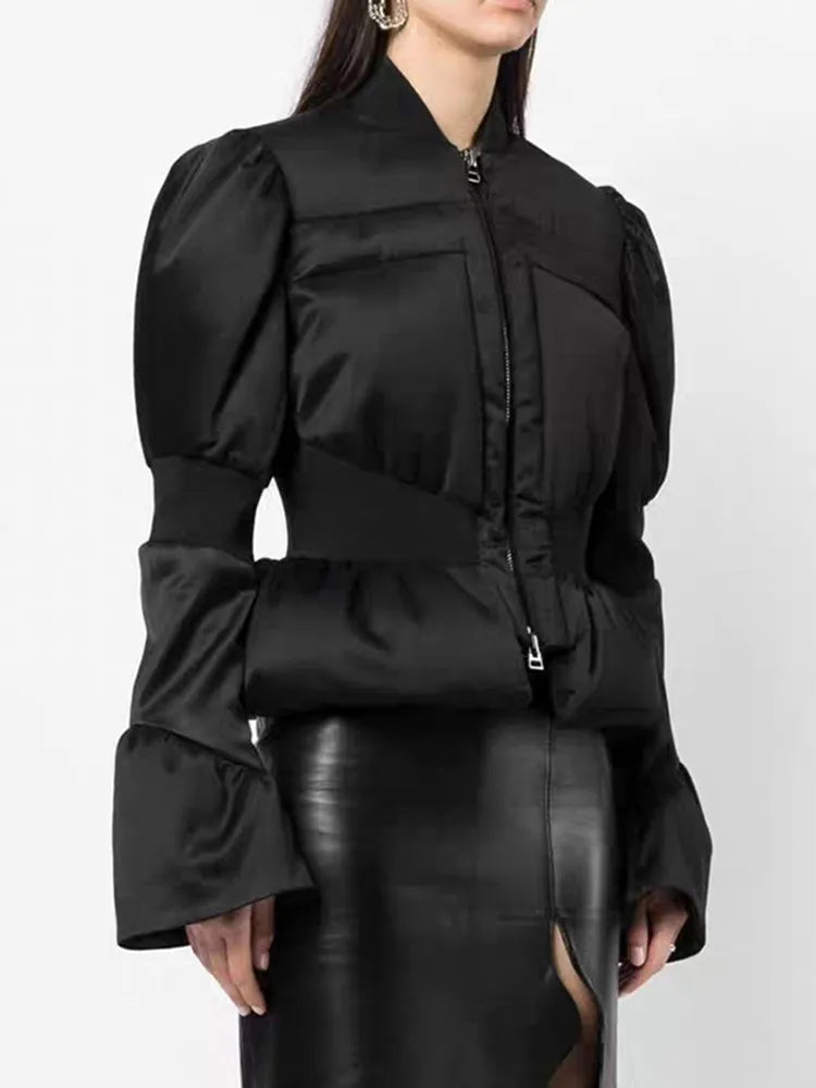 Patchwork Zipper Parkas For Women Stand Collar Long Sleeve Minimalist Tunic Winter Coat Female Fashion Clothing New