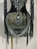 Luxury Evening Party Birthday Nightclub Photo Shoot Wear Sexy Mesh Sparkly Diamonds Sequin Tassels Long Sleeves Sheer Mini Dress