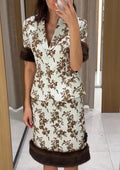 Two Piece Set Of Fur Spliced Jacket And Half Skirt Women Printed Waist Cinched V-neck Short Sleeved Jacket Elegant Autumn Suit
