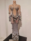 Women Sexy Sparkly Diamonds Sequins Long Sleeves Mesh See Through Long Dress Luxury Birthday Evening Party Nightclub Stage Wear